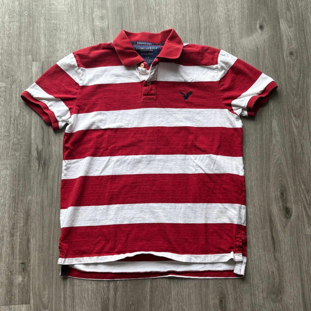 American Eagle Mens Classic Fit Eagle Polo Shirt Red White Striped Large L/G